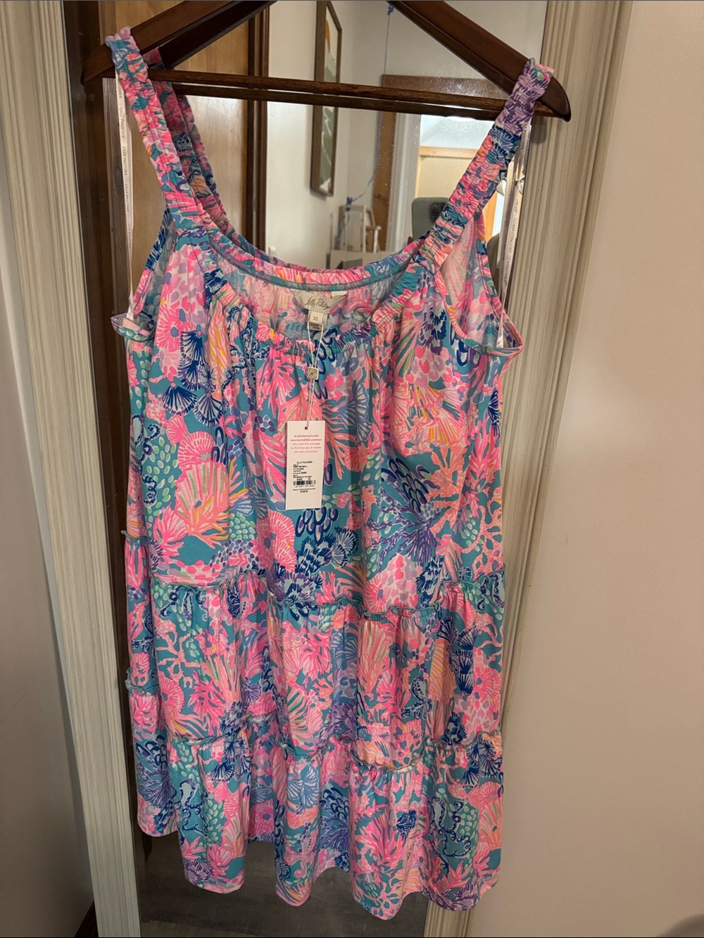 Lilly Pulitzer Pink, Blue & Coral Tropical Print Tiered Sundress